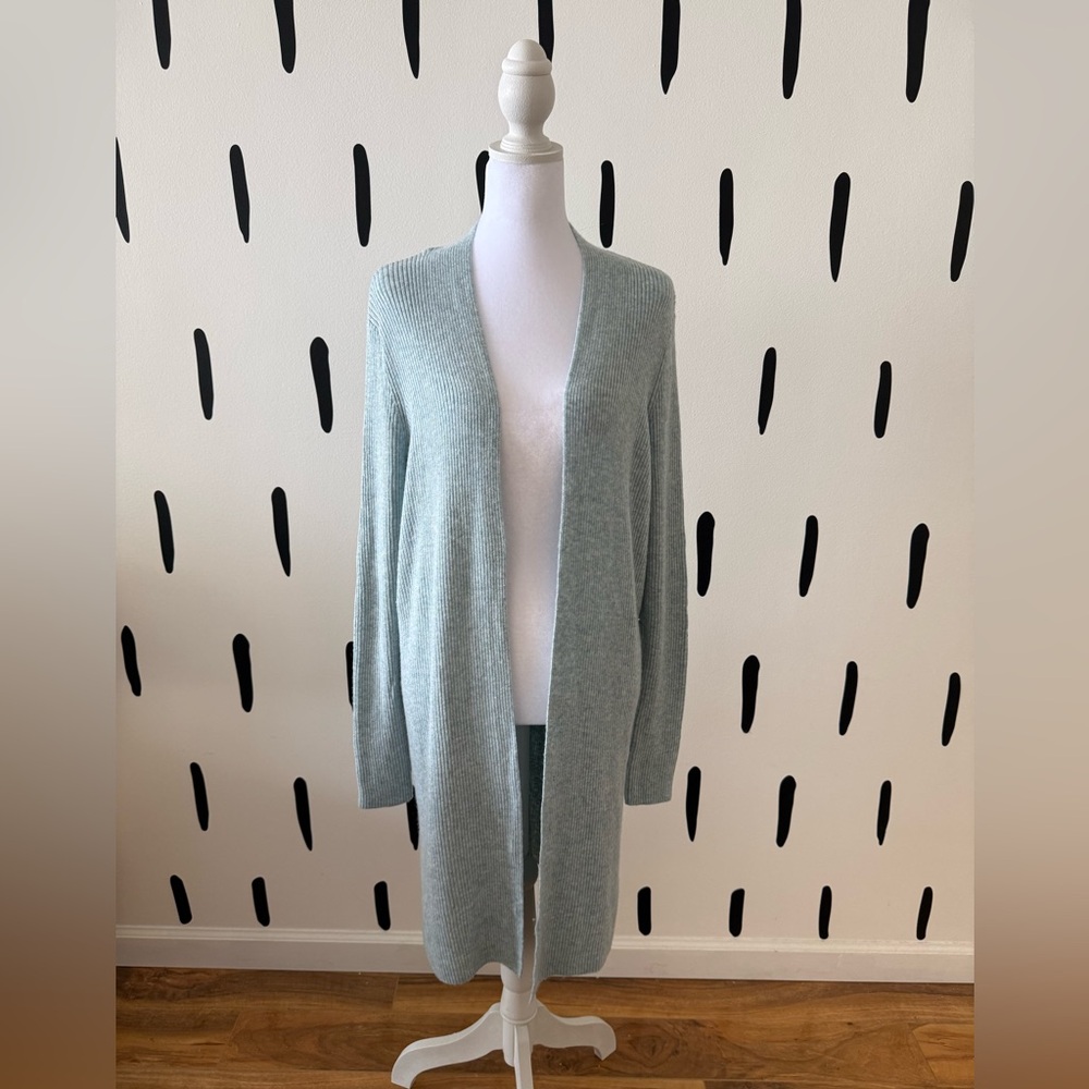 LOFT Light Blue Open-Front Ribbed Midi Cardigan